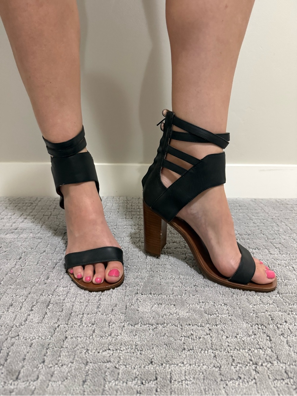 Free People Jeffrey Campbell Black Strappy Wood Block Heel Sandals